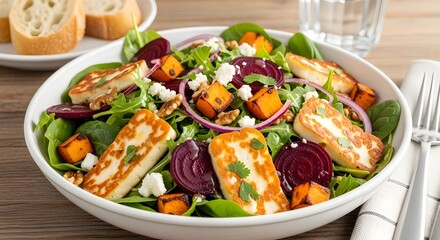 Delicious healthy gourmet salad bowl with grilled halloumi cheese and roasted vegetables isolated PNG with Transparent Background