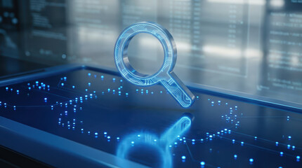A futuristic magnifying glass icon with intricate circuitry patterns glows on a blue digital surface reflecting light and displaying abstract code in the background