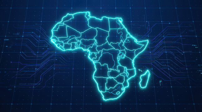 Neon blue outline map of Africa with digital grid and circuit board patterns continent glowing technology data network connection global international - Powered by Adobe