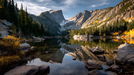 Majestic alpine landscape with crystal clear lake and turquoise waters