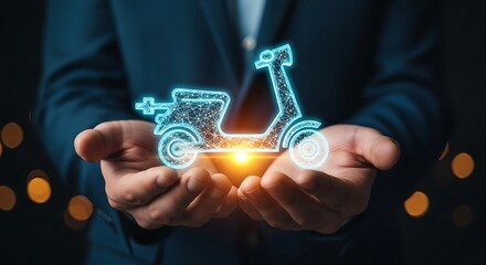 Businessman holding a glowing digital electric scooter in his hands, symbolizing innovation and sustainable transportation.