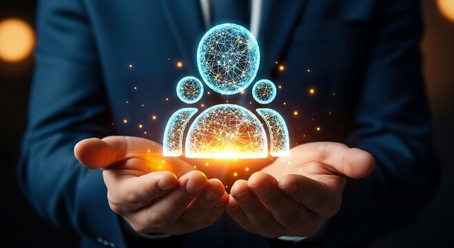 Businessman holding glowing digital human icons representing team or customer network. - Powered by Adobe
