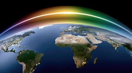 A vibrant, rainbow-colored atmospheric layer arches over the Earth, showcasing continents with illuminated city lights against the dark night sky.