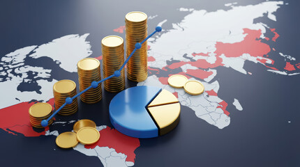 Golden coin stacks and pie chart data visualizations displayed on a world map with highlighted regions representing financial growth and global economic trends