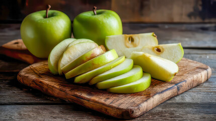 Sliced green apples resting on wooden cutting board