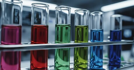 Colorful liquids in test tubes in a laboratory setting.
