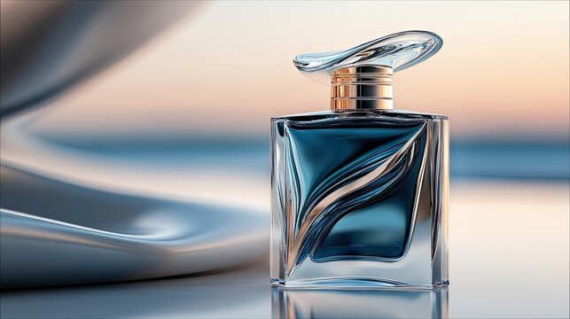 A close-up shot of a modern, elegant perfume bottle with a clear glass design and swirling blue liquid inside. The bottle has a metallic gold cap and sits again