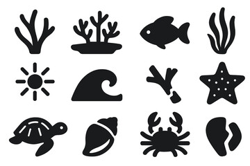 Fototapeta premium Coral Bleaching Icons. Solid style icons of Coral Bleaching: White Coral, Reef, Fish, Algae Loss, Sunlight, Wave, Broken Branch,