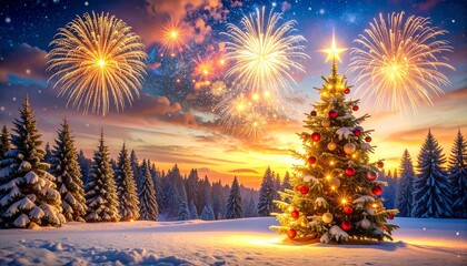 A beautifully lit Christmas tree stands in a snow-covered landscape of pine trees against a dramatic sunset sky.