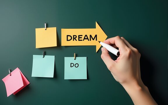 Hand drawing arrow on blackboard with sticky notes dream do achieve progress text, motivation inspirational quotes educational business message, goal achievement success strategy concept