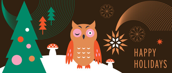 Christmas decoration, horizontal christmas banner with snowflakes, christmas stars, tree , cute owl in minimal geometric syle
