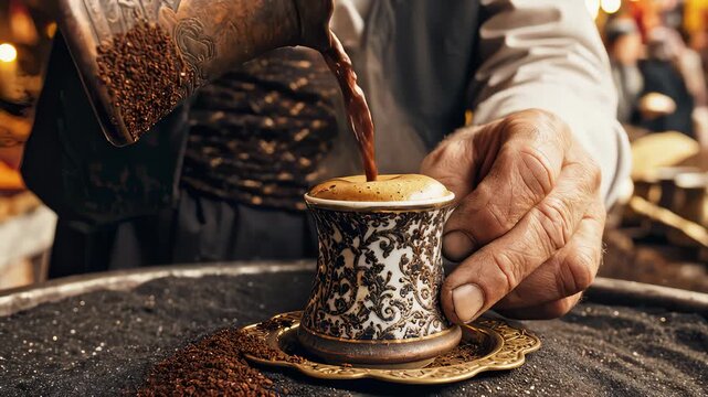 Hand Pours Turkish Coffee in Traditional Cup Over Hot Sand