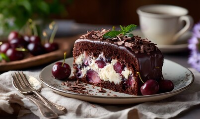 slice of chocolate loaf cake on a ceramic dessert plate, cozy table setting, the slice showing a perfect cross-section with a thick creamy cream-cheese filling and plenty of whole cherries baked insi