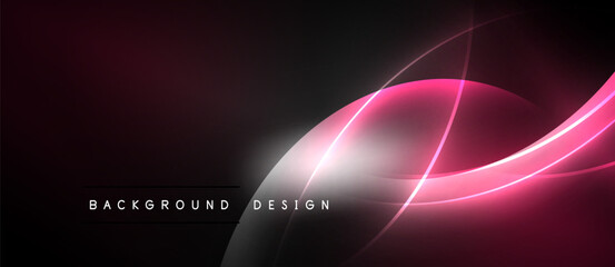 Dark background features vibrant pink glowing curves. Modern design elements create dynamic visual impact. Minimalist aesthetic, sleek presentation.