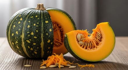 Fresh kabocha squash, vibrant orange flesh, seeds, healthy food.