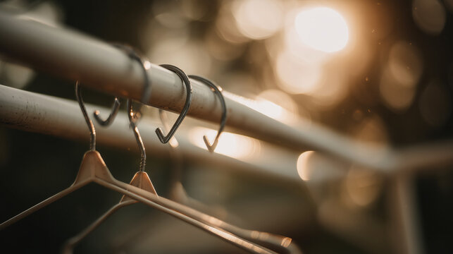 Close-up of empty clothes hangers on a drying rack wire in warm golden sunset light with bokeh. Concept of laundry day, household routine, and domestic lifestyle.