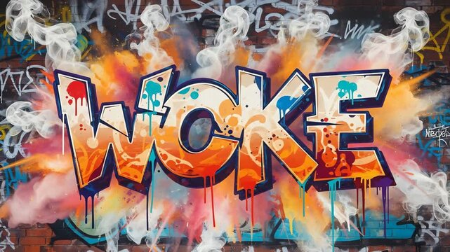 Vibrant graffiti art on brick wall depicting the word woke expressive concept