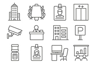 Corporate Icon Set. Line style icons of corporate environment: skyscraper, conference table, ID badge, elevator; security camera,