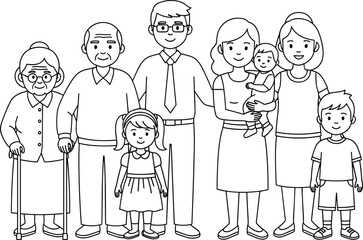 Black and white hand-drawn vector sketch illustration of a large happy multi-generational family portrait standing together, including grandparents, parents, 