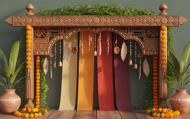 Handcrafted Tribal Wooden Arch Backdrop with Indigenous Carvings, Marigold Garlands and Bamboo Decorations in Warm Festive Sunlight