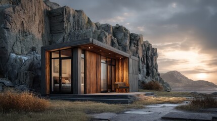 A tiny home set against a backdrop of rocky cliffs with a simple natural design The structure wooden