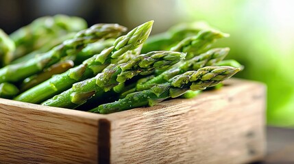 Close-up of fresh green asparagus spears in a rustic wooden crate, bathed in soft, natural light. The background is blurred green, suggesting an outdoor or gard