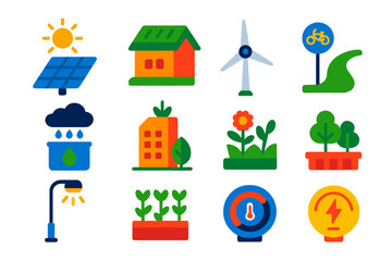 Naklejka premium Sustainable Design Icons. Flat vector icons of Sustainable Design: Solar Panel, Green Roof, Wind Turbine, Bike Lane, Rainwater