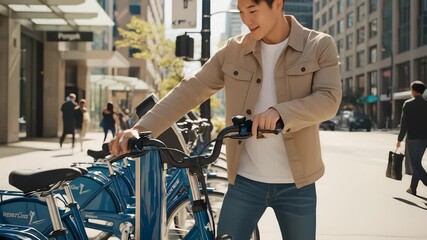 Man Uses Smartphone to Rent Bike From Rack in Urban City Scene