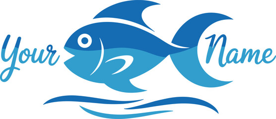 Fish logo vector, customizable aquatic branding, stylized marine design, seafood business template, wave element graphic, fishing identity concept illustration
