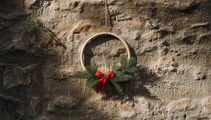 A simple Christmas wreath with a red bow and pine branches hanging on a rustic stone wall in sunlight.