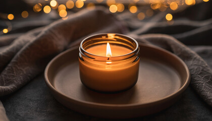 A lit candle in a glass jar on a ceramic plate with warm bokeh lights in the background creating a cozy atmosphere.