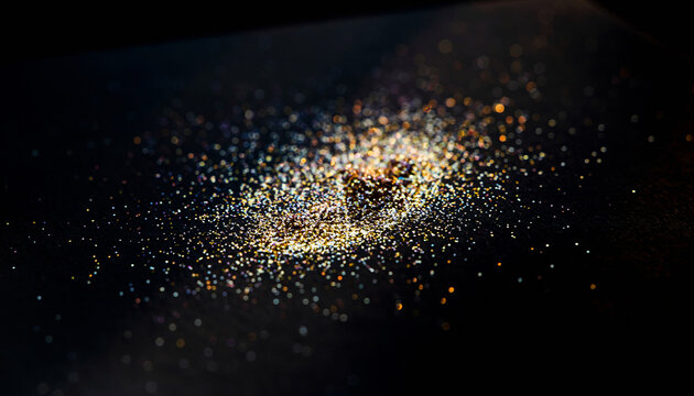 Close-up of shimmering golden and white particles scattered on a dark, reflective surface, creating an abstract sparkling effect.