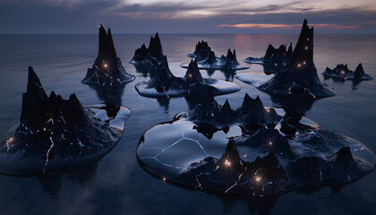 Mysterious dark rock formations with glowing lights emerging from calm water under a twilight sky, creating an eerie and beautiful landscape.