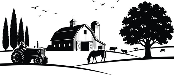 Farm silhouette vector, rural barn landscape, tractor and animals design, countryside nature artwork, peaceful agriculture scene, grazing livestock illustration © Heyyy
