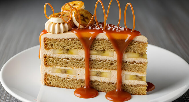 Delicious slice of banana caramel cake with frosting and sauce.
