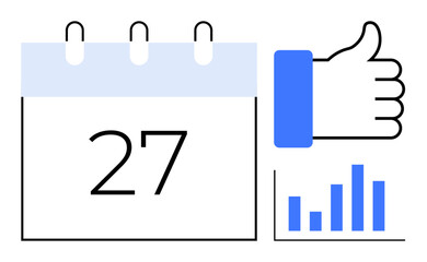 Calendar icon. Focus on precise planning with calendar date visuals and thumbs-up illustration. Perfect for time management, productivity success, and performance monitoring. Ideal for scheduling