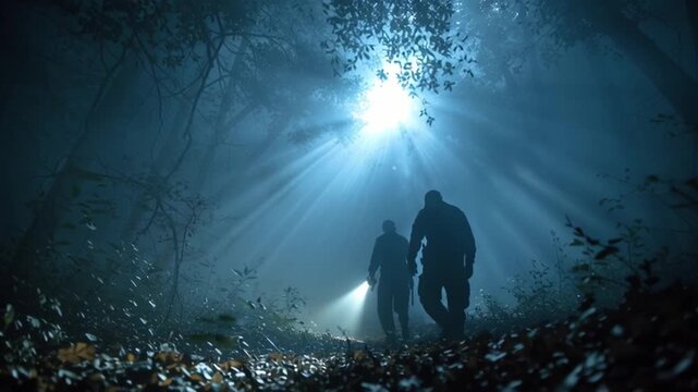 Two mysterious silhouettes with flashlights walking through a dark, foggy forest at night. Beams of light cut through the mist in this suspenseful, cinematic scene.