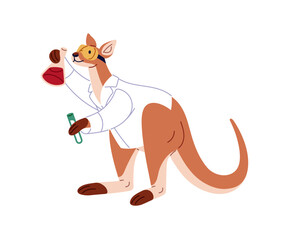 Cute kangaroo chemist does science in laboratory. Funny wallaby does chemistry, chemical research with beakers. Australian animal is scientist. Flat isolated vector illustration on white background