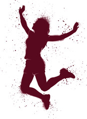 Jumping silhouette, maroon splash design, abstract motion art, energetic pose, dynamic figure, expressive vector, freedom concept, celebration graphic, modern style