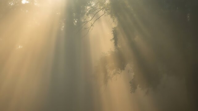 Sun rays piercing through misty forest canopy at dawn