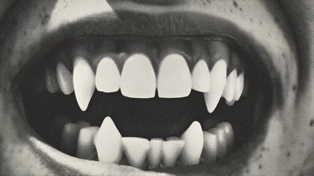 Retro horror style close-up of a mouth with sharp vampire fangs, rendered in a gritty black and white halftone texture resembling old newspaper print.