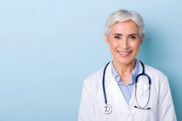 Smiling Female Doctor with Stethoscope Against Blue Background