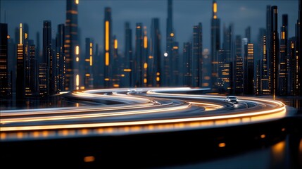 A highway with light trails curves through a futuristic cityscape at night, with tall buildings illuminated by glowing lights.