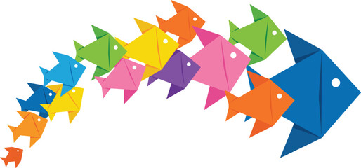 Origami fish school, colorful aquatic vector, geometric sea life, swirling motion design, paper style illustration, marine unity graphic, vibrant underwater art