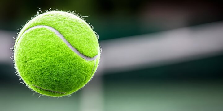 Dynamic Green Tennis Ball Mid Flight Over Blurred Court Background Illustrating Intense Game Action
