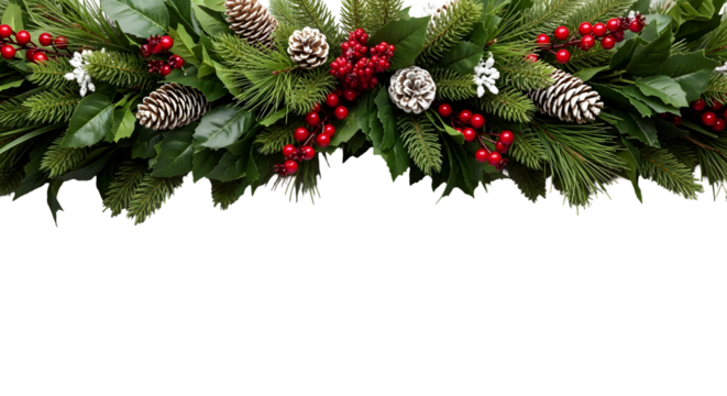 Lush winter holiday garland border featuring vibrant red berries, green evergreen branches, and rustic pinecones, creating a traditional festive decoration for seasonal designs and celebrations