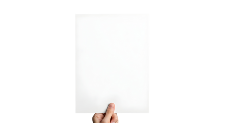 Isolated hand holding a pristine blank white sheet of paper, providing a clear and versatile space for custom text, images, or professional presentation