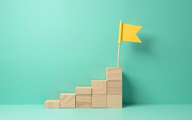 Wooden blocks stairs leading to a yellow flag symbolize success achievement progress and growth on teal background. High quality