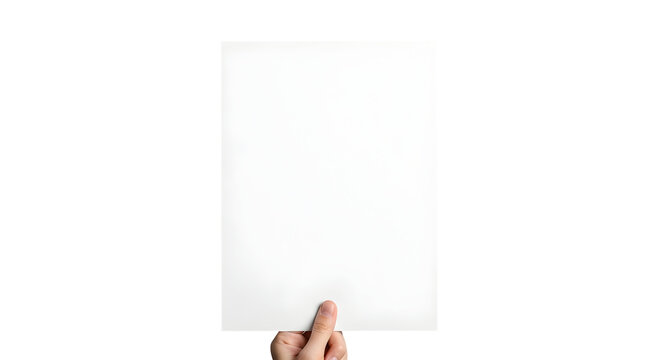 Isolated hand holding a pristine blank white sheet of paper, providing a clear and versatile space for custom text, images, or professional presentation