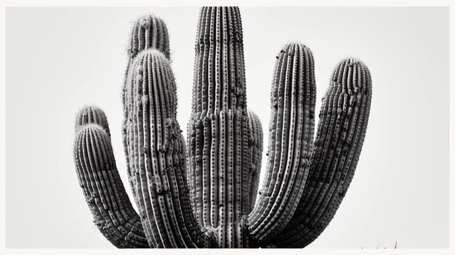 Monochrome close-up of a tall saguaro cactus with multiple arms reaching upward against a plain background, highlighting the texture and iconic desert plant structure